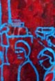 painting, red background blue outlines of a city skyline