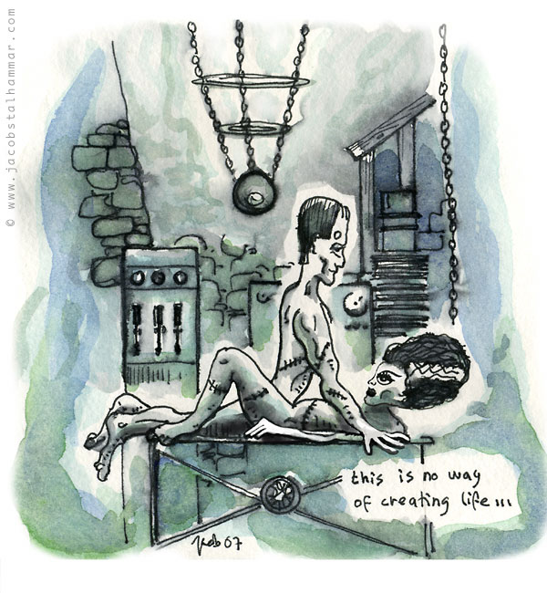 cartoon of frankensteins monster and his bride, somewhat discontent on their wedding night. dialogue: this is no way of creating life